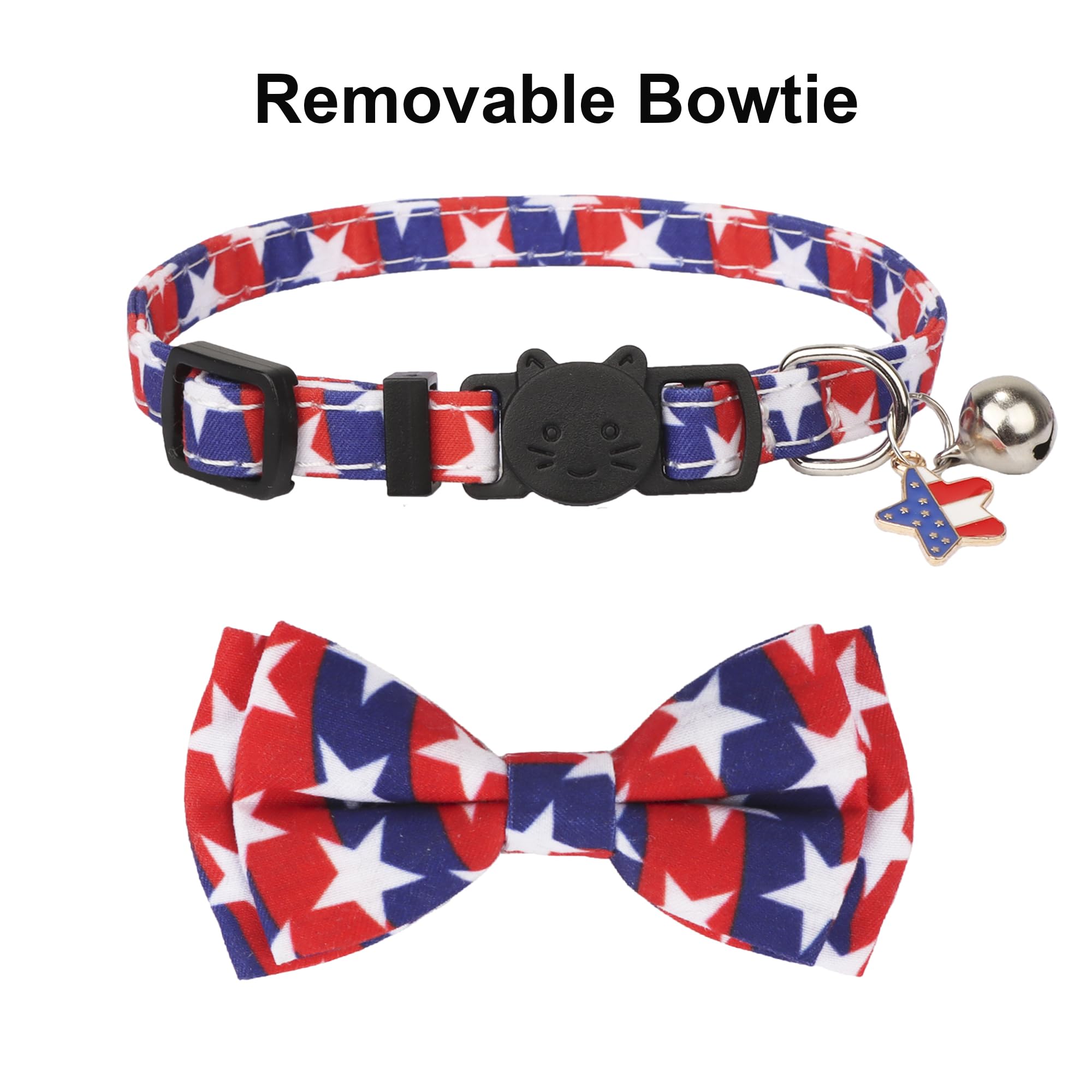 ADOGGYGO American Flag Cat Collar Breakaway with Bow Tie Bell - 2 Pack 4th of July Kitten Collar with Removable Bowtie Red Blue American Flag Collars for Cat Kitten