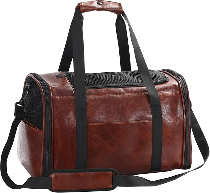 Lasaviin Fashion Leather Dog Carrier Cat Carrier Airline Approved Pet Carrier for Small Medium Dogs Cats Under 15Lbs, Collapsible Soft Sided Travel Puppy Carrier