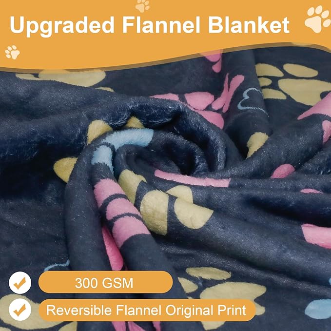 Gowyeg Dog Blanket for Large Dogs, Soft Flannel Cute Paw Navy Blue 60"x50"