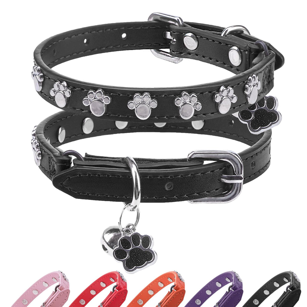 SCENEREAL Leather Cat Collar with Bell and Rivet, Personalized Stud Pet Collars with Safety Elastic Belt and Cute Paw Charm, Adjustable Soft Kitten Puppy Accessories for Boys Girls Cats, Black