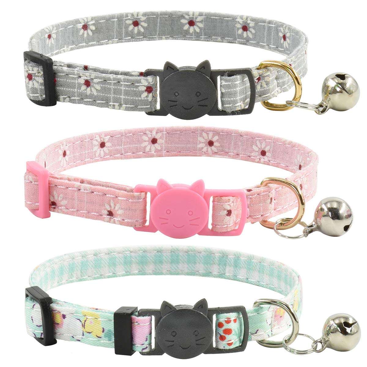 Breakaway Cat Collars with Bell, Set of 3, Durable & Safe Cute Kitten Collars Safety Adjustable Kitty Collar for Cat Puppy 7.5-11in (Gray,Pink,Blue)