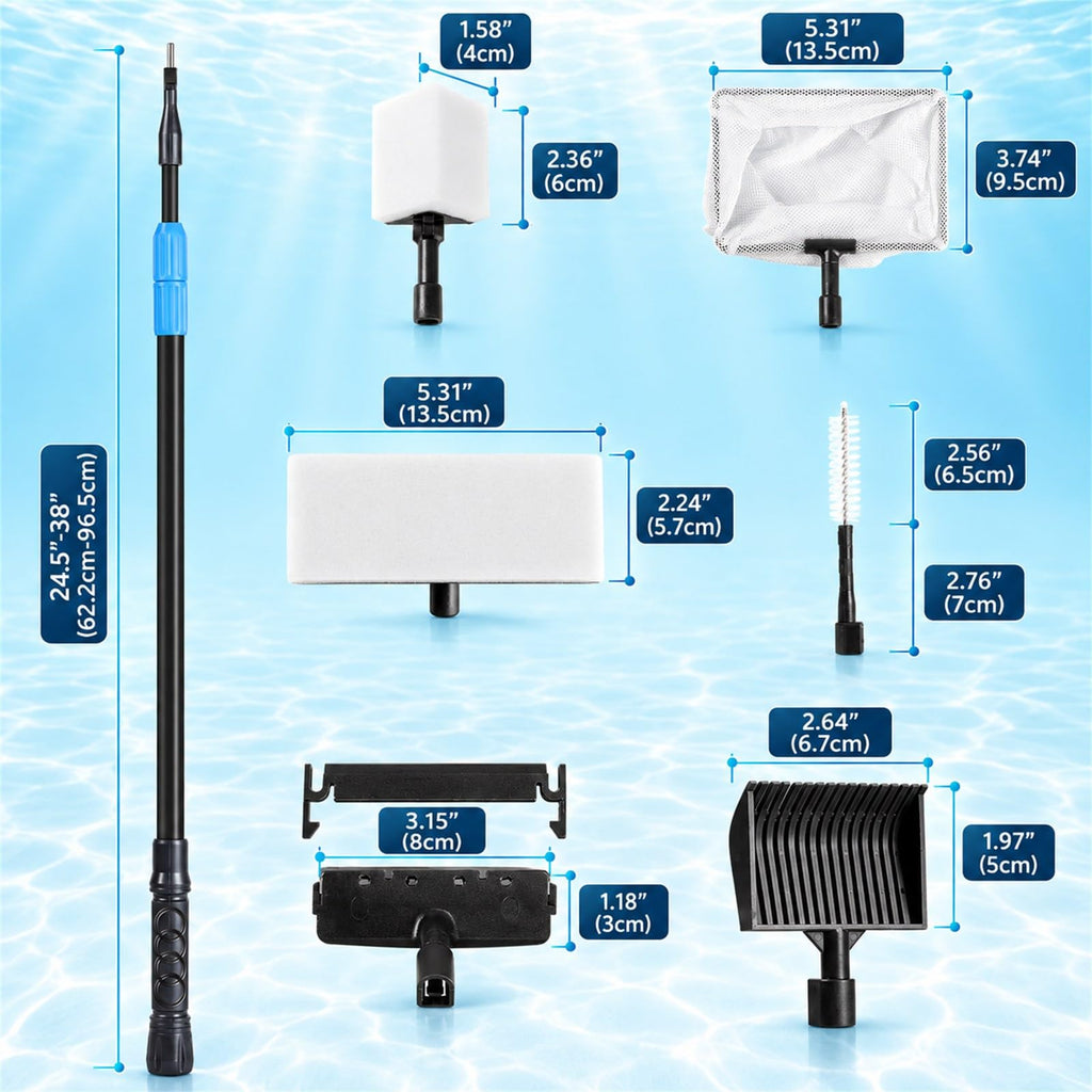 AquaMiracle 6 in 1 Aquarium Cleaning Tool Kit Fish Tank Cleaning Kit for 20-160 Gallon Tank with Telescopic Long Handle, Algae Scraper, Scrubber Pads, Tube Cleaner, Fish net, Gravel Rake