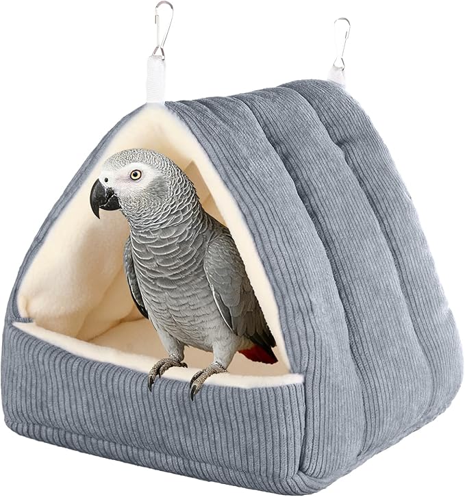 Hoopttay Large Winter Warm Bird House and Bird Bed for Cage with Soft Plush Hanging Hammock & Hut Tent, Hideaway Sleeping Nest for Macaws African Grey Parrots (Grey, L)