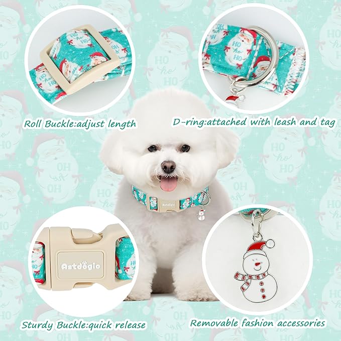 Astdogio Christmas Dog Collar，Soft Cotton Dog Collars for Small Dogs, Dog Christmas Collar with Santa for Small Medium Large Dogs, Adjustable Green Collars Perfect for Girl or Boy Dog Collars-S