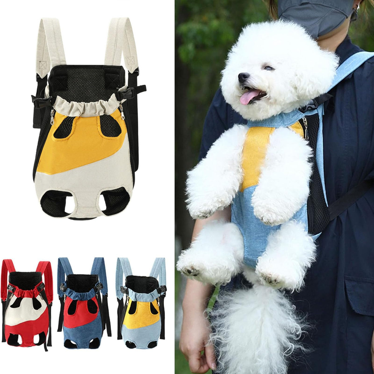 Lightweight Pet Backpack Carrier for Small Dogs & Cats - Easy-Fit Adjustable Straps, Basic Legs-Out Design, Durable for Daily Use (Fits Pets Under 15lb) (Yellow-White Color-Blocked, Large)