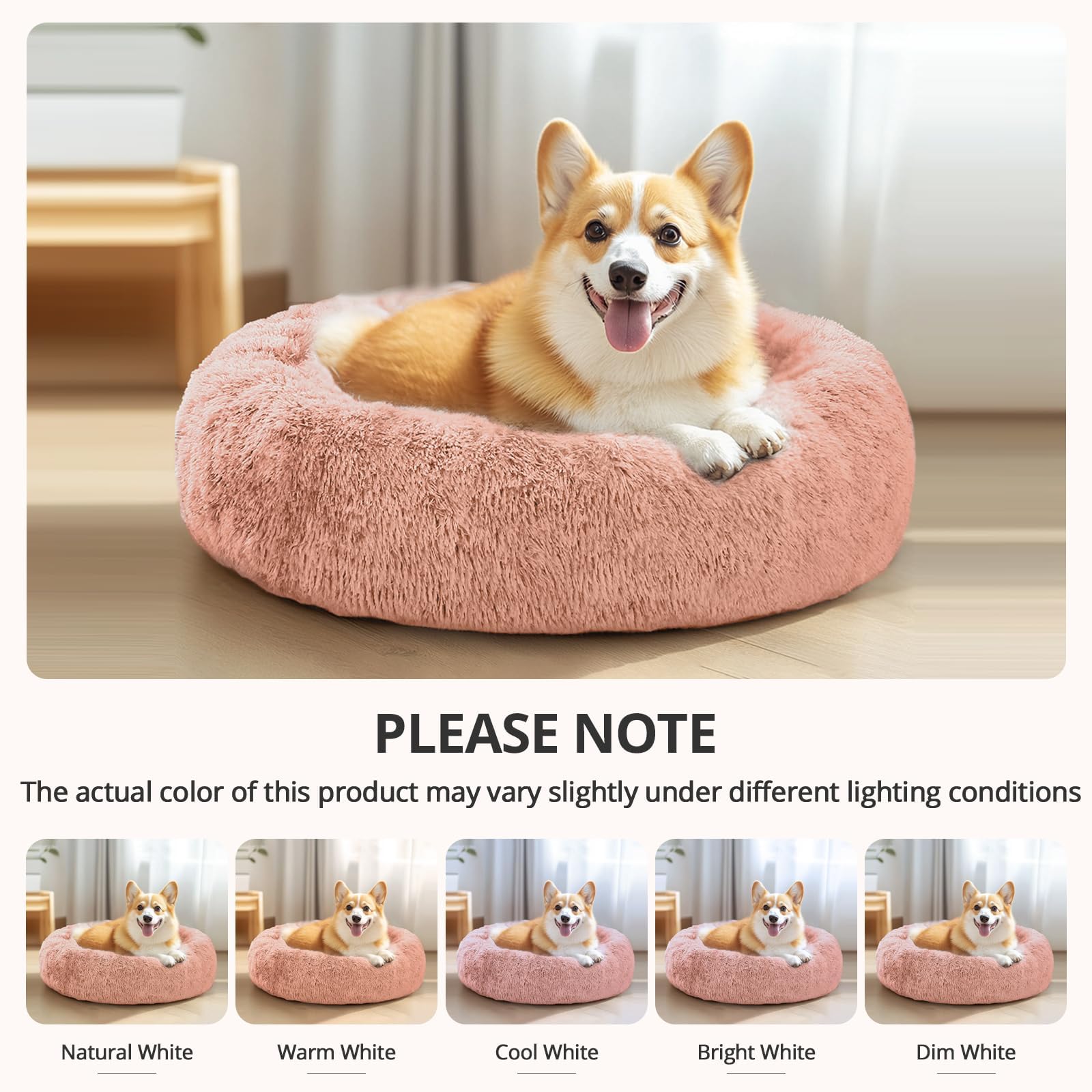 JOLLYVOGUE Calming Dog Bed Medium Size Dog, Anti-Anxiety Donut Medium Pet Bed, 27 inches Fluffy Faux Fur Round Cat Bed (Peach Pink)
