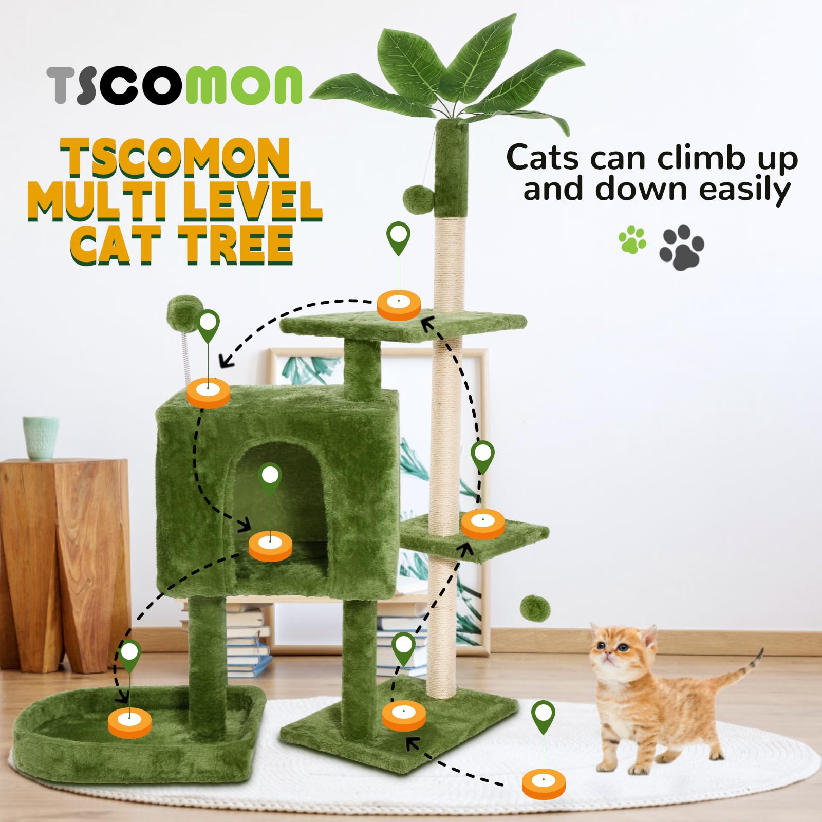 TSCOMON 52in Multi-Level Cat Tower with Sisal Scratching Posts, Hidden Cave & Perch Platform, Large Cat Condo for 1-3 Cats, Eco-Friendly Pet Furniture with Realistic Leaves, Green