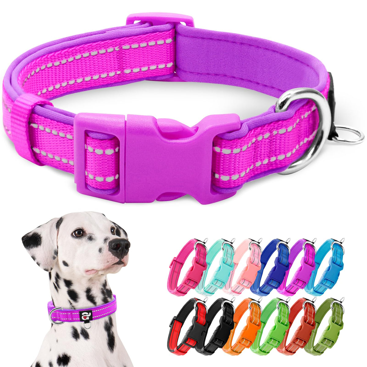 azuza Reflective Dog Collar, Neoprene Padded Puppy Collar, Hot Pink, XS