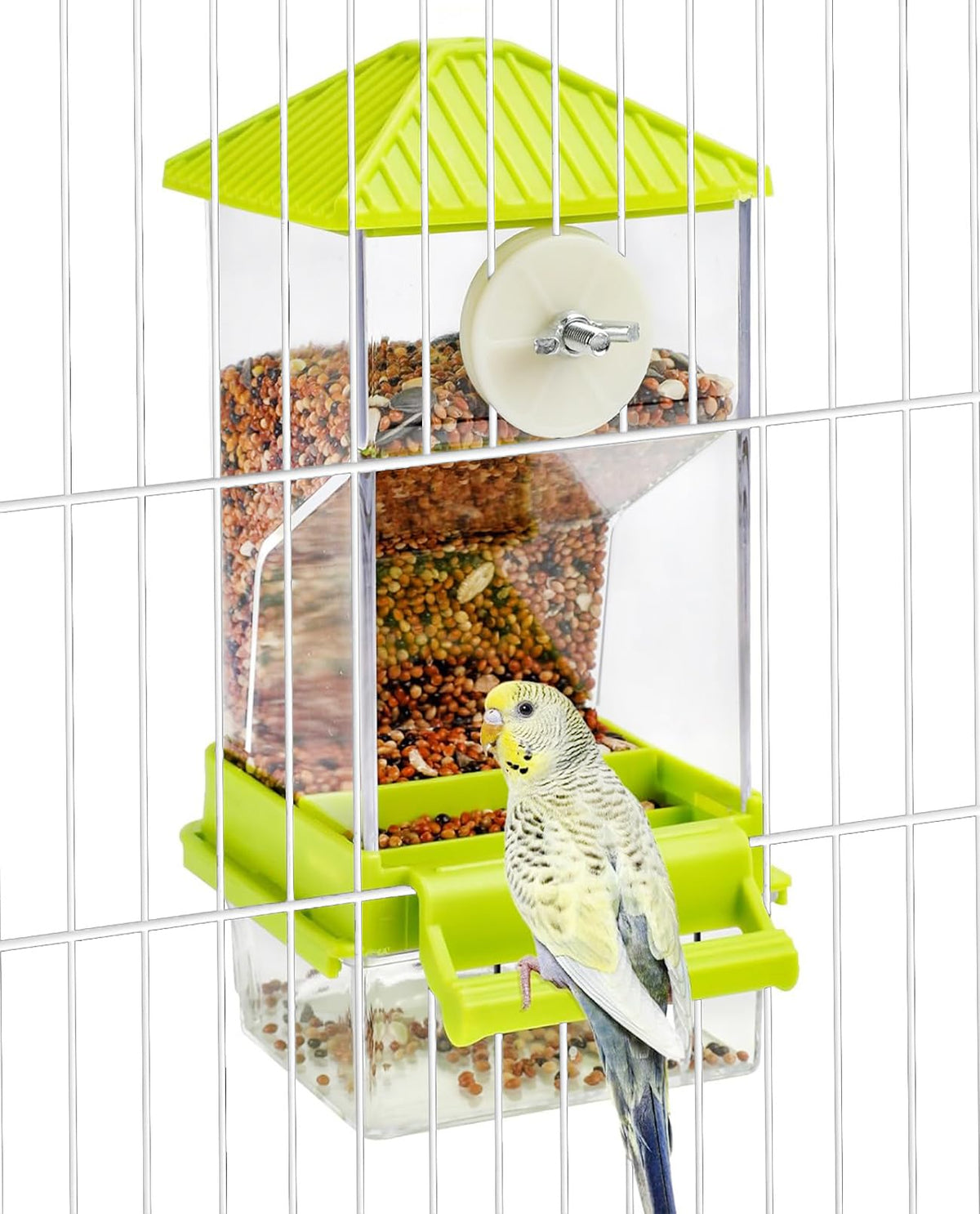 Hamiledyi Automatic Bird Feeder No Mess Bird Cage Feeder Seed Food Container with Perch Transparent Parrot Cage Accessories for Parakeets, Budgies, Cockatoos, Finches, Lovebirds, Canaries (Green)