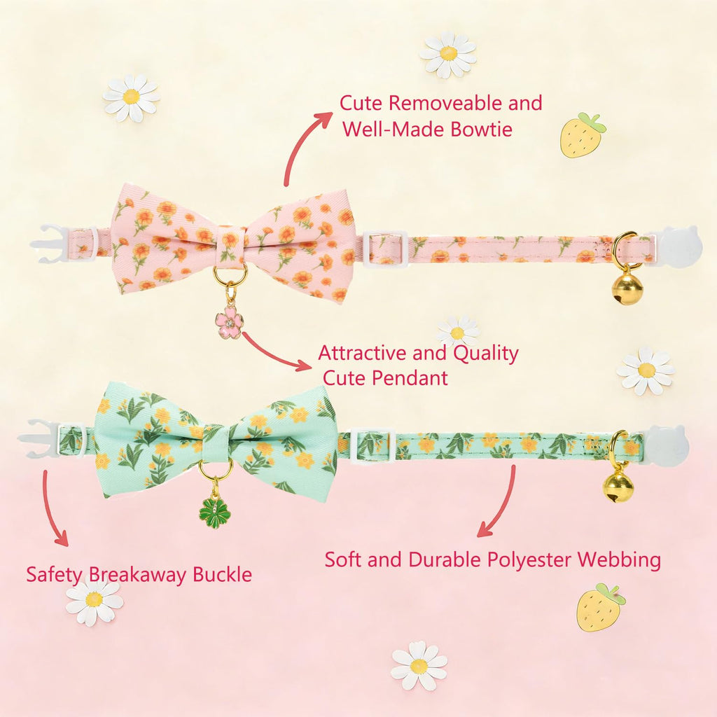 Ewinoom 2 Pack Floral Cat Collars with Bow Tie and Bell Adjustable Breakaway Bowtie Cute Kitten Collar(Green & Yellow Flowers)