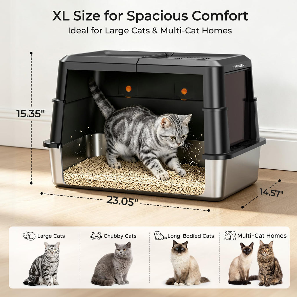 URPOWER XL Stainless Steel Cat Litter Box with 180° Flip-Top Lid