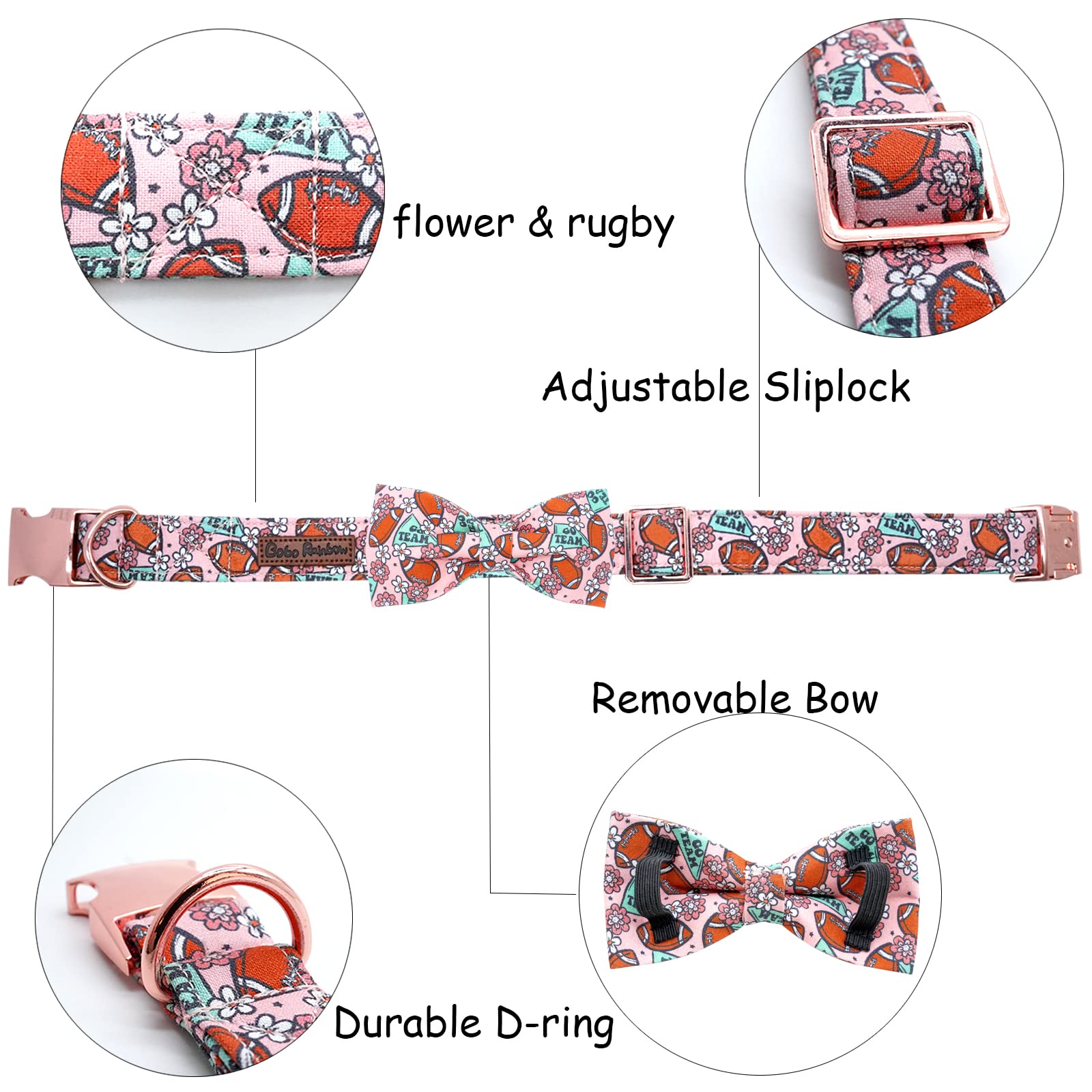 Bobo Rainbow Football & Flower Print Dog Collar with Bow for X-Large Dogs