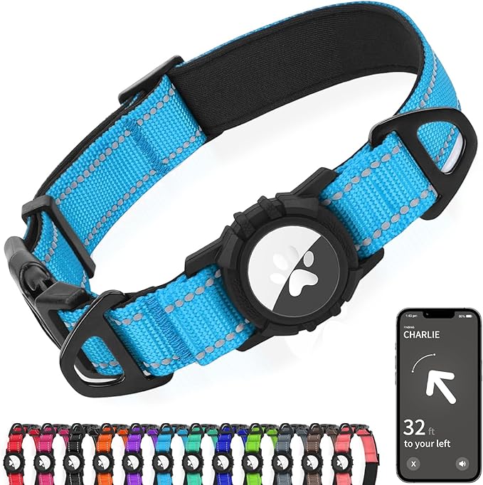 Joytale Airtag Dog Collar, Waterproof Dual D-Rings, Reflective Pet Collar with AirTag Holder, Soft Padded Adjustable for Medium Dogs, SkyBlue, M