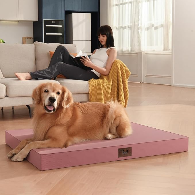 Outdoor Extra Large Dog Crate Bed, XXL Waterproof Dog Bed for Giant Breeds Dogs, 47x29 Inch Orthopedic Egg Crate Foam Pet Mat with Removable Cooling Cover, Pink