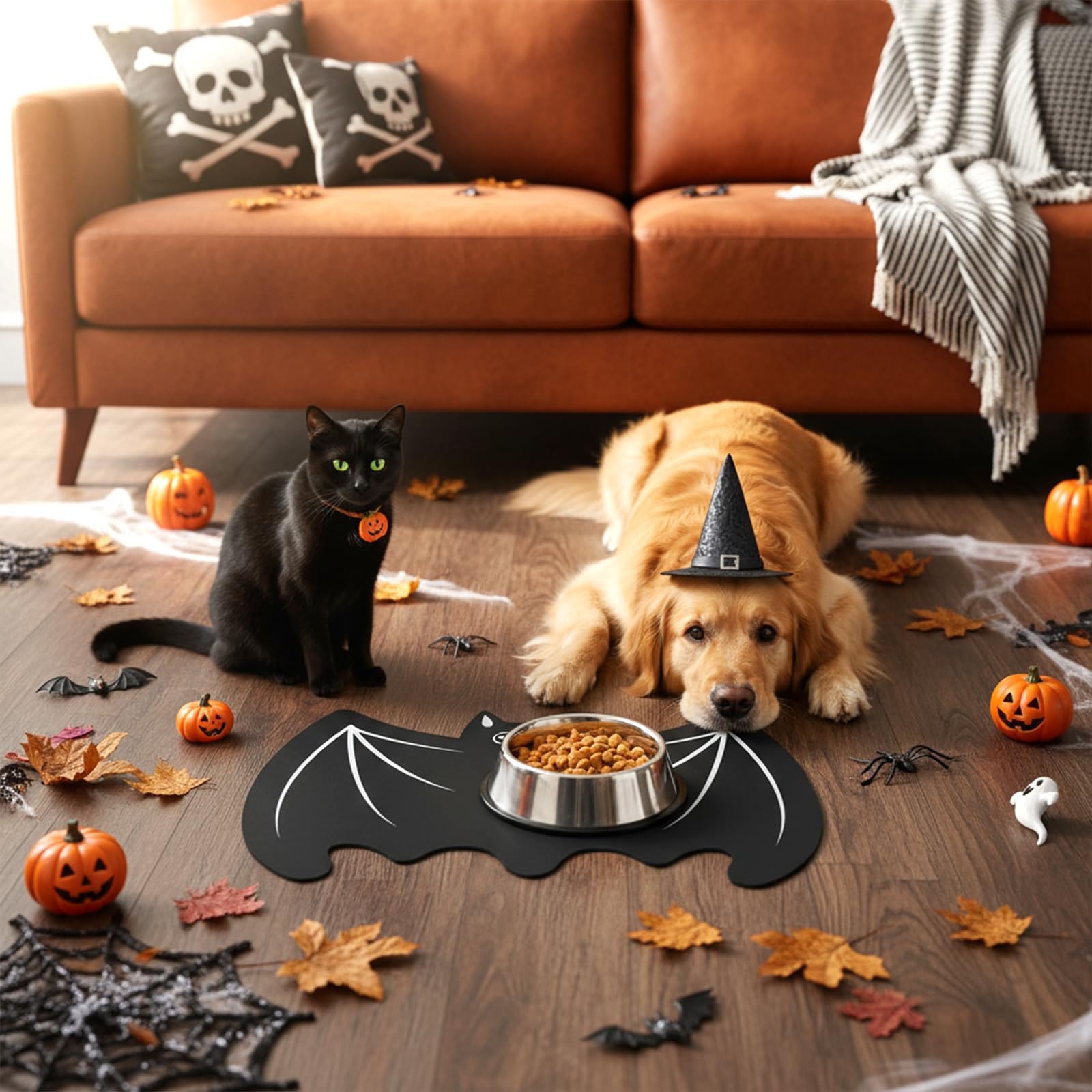 Pet Mat for Food and Water, Absorbent Non-Slip Quick Dry Dog Food Mat for Dog Cat Bowl Indoor Outdoor Pet Dining Gift Halloween Decorations (11.8 * 19.68in, Bat)