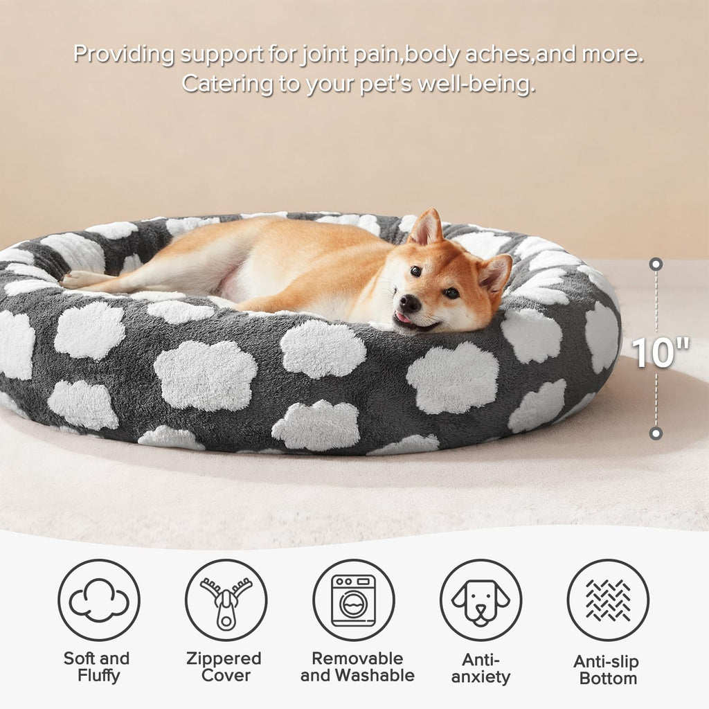 JOEJOY Jacquard Donut Round Dog Beds Large Sized Dog,Grey 36x36x8in, Removable Washable Cover, Cute Pattern, Ultra Soft Fluffy Calming Pet Bed with Thick Supportive Bolster