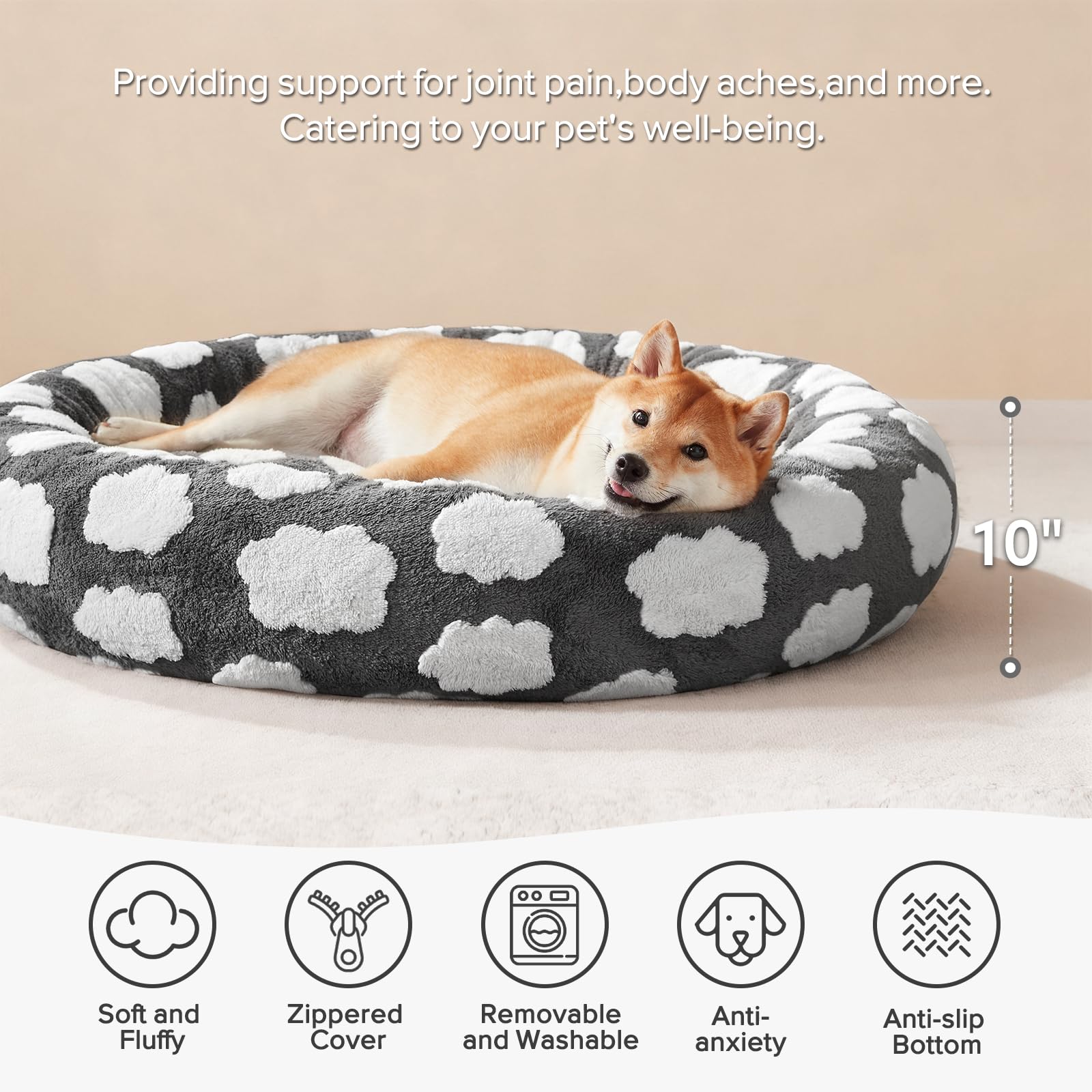 JOEJOY Jacquard Donut Round Dog Beds Large Sized Dog,Grey 36x36x8in, Removable Washable Cover, Cute Pattern, Ultra Soft Fluffy Calming Pet Bed with Thick Supportive Bolster