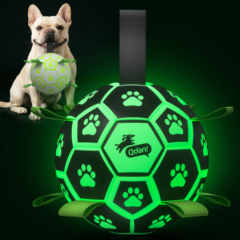 QDAN Glow in The Dark Dog Toys Soccer Ball with Straps, Outdoor Interactive Dog Toys Puppy Birthday Gifts, Dog Tug Water Toy, Light Up Dog Balls for Small & Medium Dogs（6 Inch Size 2）