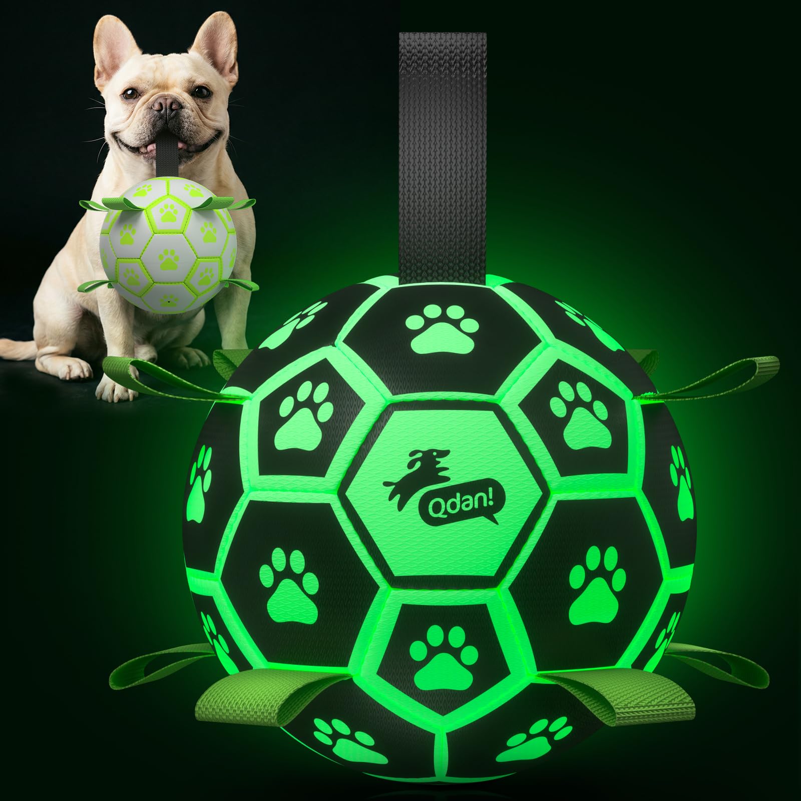 QDAN Glow in The Dark Dog Toys Soccer Ball with Straps, Outdoor Interactive Dog Toys Puppy Birthday Gifts, Dog Tug Water Toy, Light Up Dog Balls for Small & Medium Dogs（6 Inch Size 2）