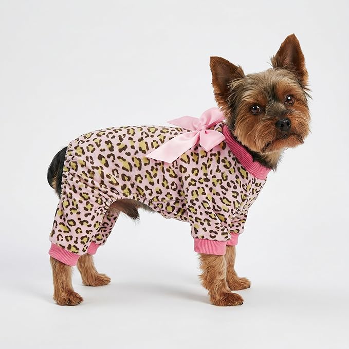 Fitwarm Leopard Dog Pajamas, Fleece Dog Clothes for Small Dogs Girl with Legs, Pet Onesie, Cat Outfit, Pink, Large