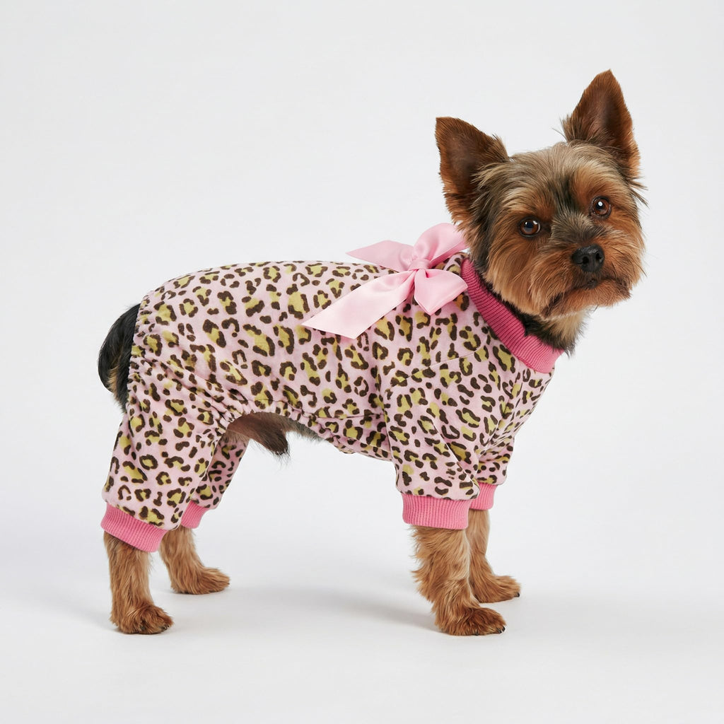 Fitwarm Leopard Dog Pajamas, Fleece Dog Clothes for Small Dogs Girl with Legs, Pet Onesie, Cat Outfit, Pink, Large