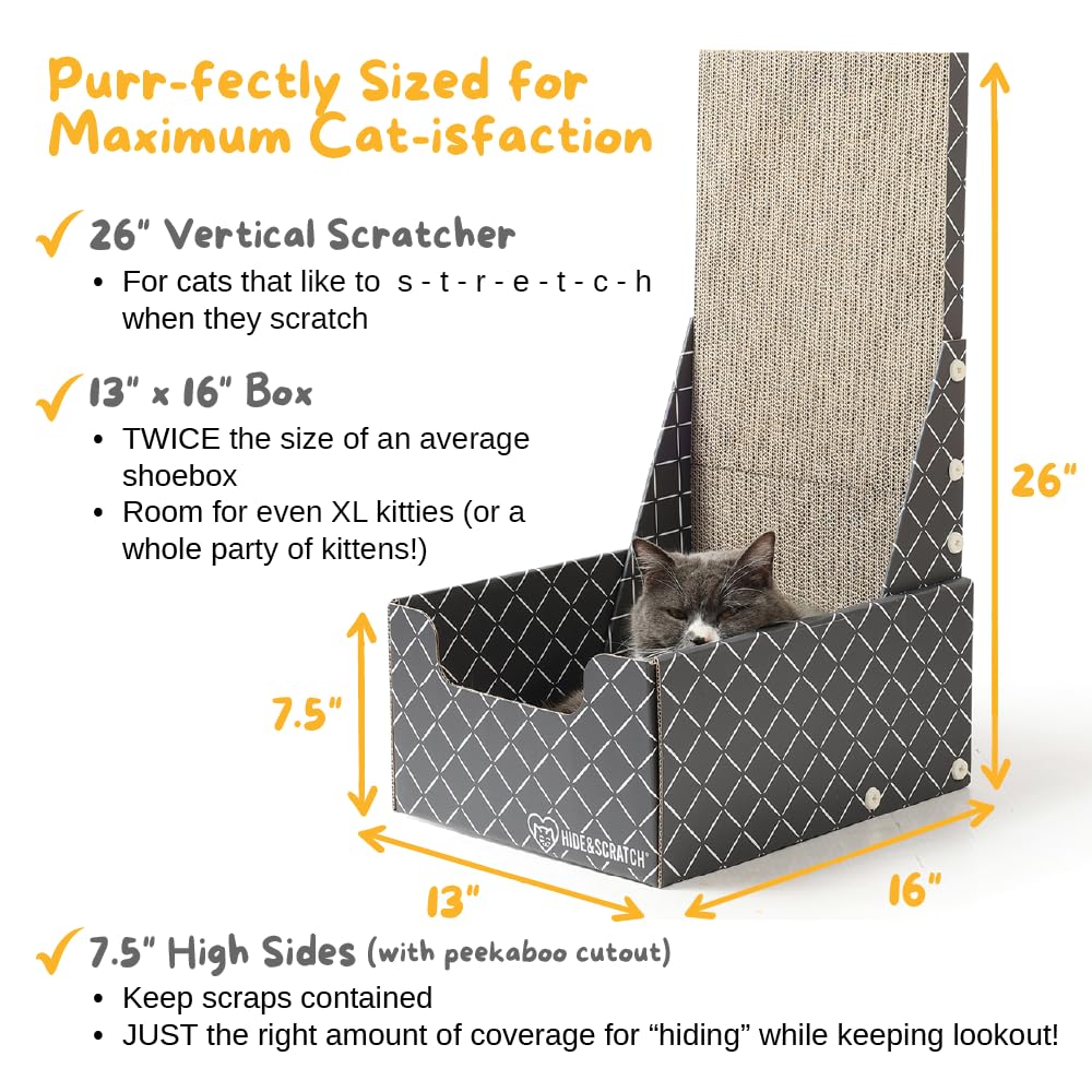 Hide & Scratch Cardboard Cat Scratcher Box & Bed - Dark Grey Diamond (Vertical L-Shaped) | Double-Sided Corrugated Pad for Indoor Cats | Refillable Scratching Board Toy for Play & Furniture Protection