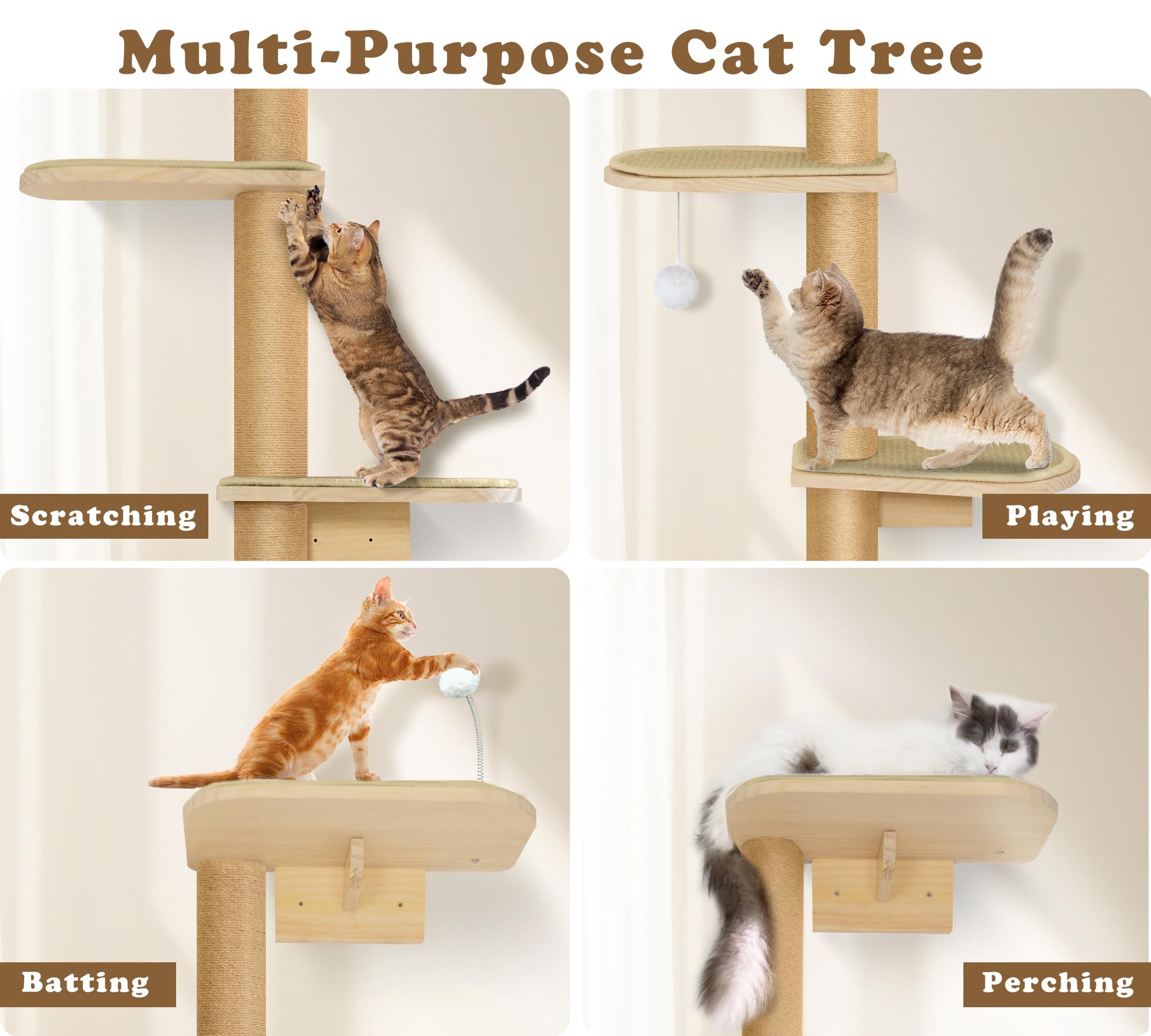 Wild Simulation Cat Tree for Kittens, 5-Level Floor to Ceiling Cat Wall Shelves with Sisal Mat Platforms, Rotating Wall-Mounted Climbing Tower for Scratch, Lookout & Perch