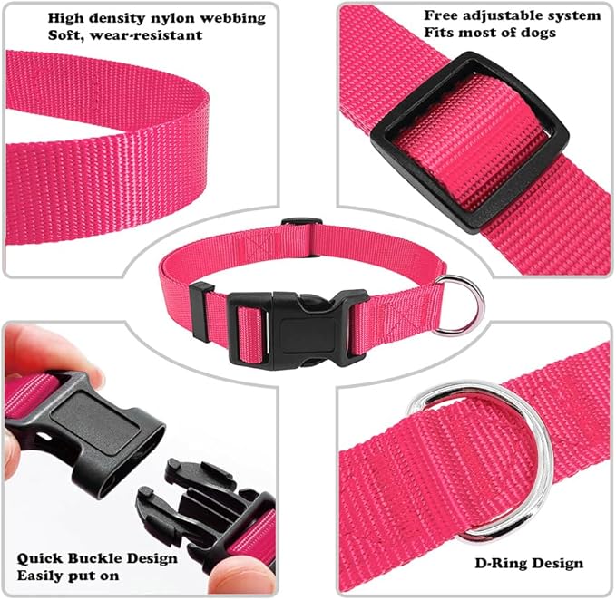 PENSEEPET Dog Collar Hot Pink Basic Dog Collars with Breathable Quick Release Nylon Pet Collar for Puppy Small Medium Large Dogs Girl