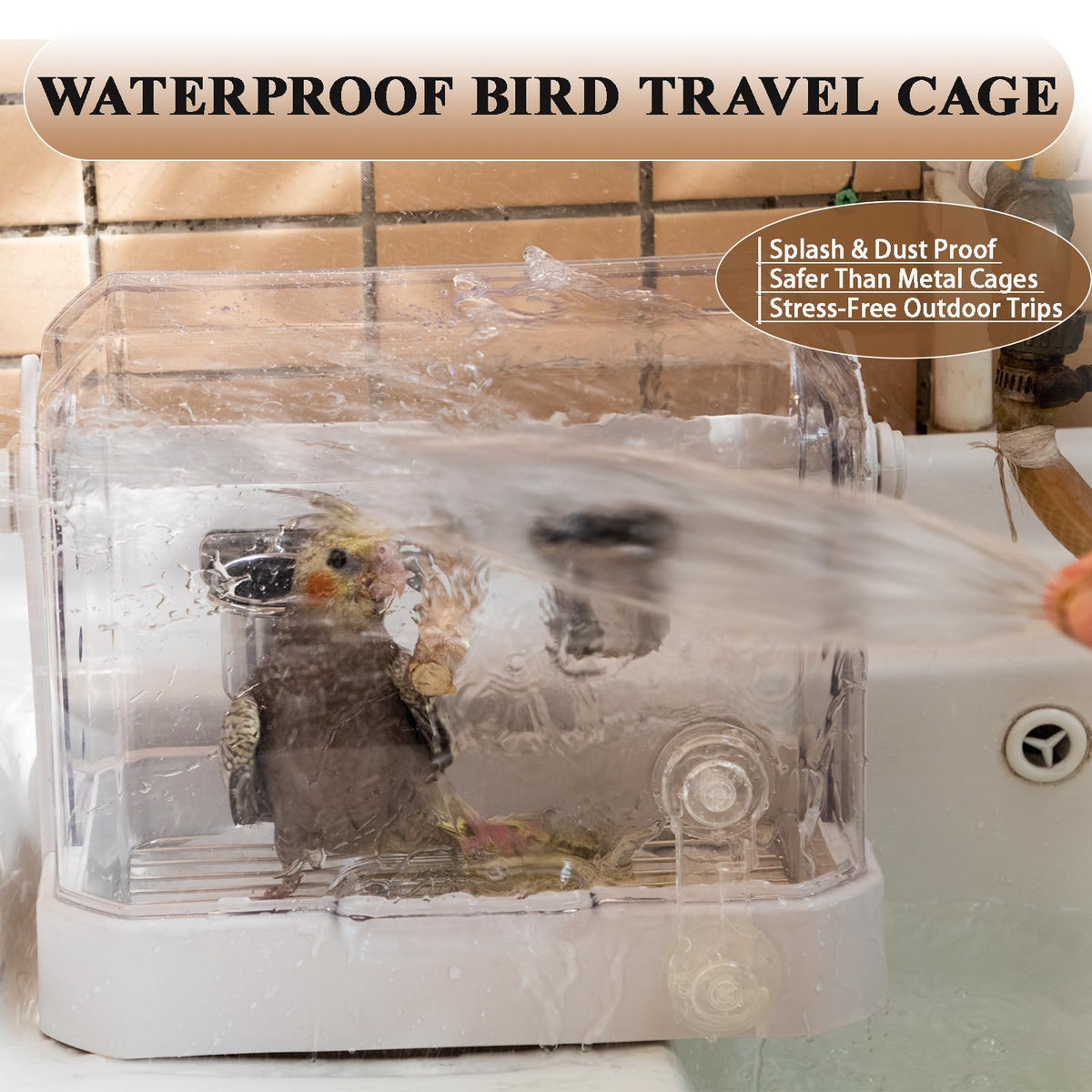 Bird Travel Cage, 10×6.7×8.3 Inches Waterproof & Sturdy Pet Carrier with Perch & Food Bowls, Portable Cage for Budgies, Cockatiels, Lovebirds & Small Birds