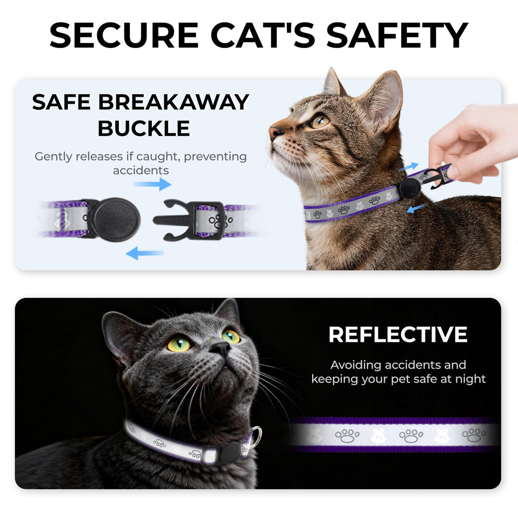 Cat Collar Breakaway, Reflective Kitten Collar with Bell, Purple