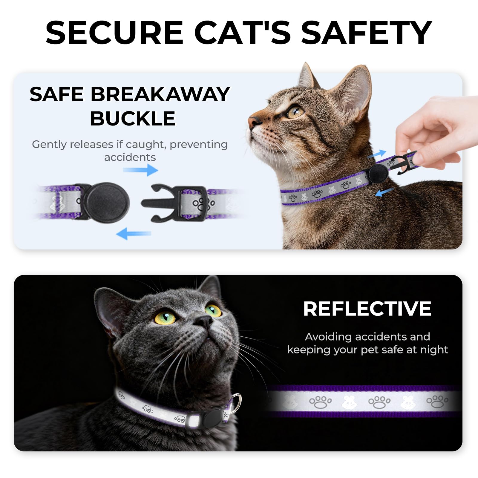Cat Collar Breakaway, Reflective Kitten Collar with Bell, Purple