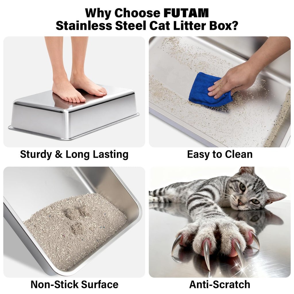 FUTAM Stainless Steel Litter Box, XL Metal Litter Box with Lid