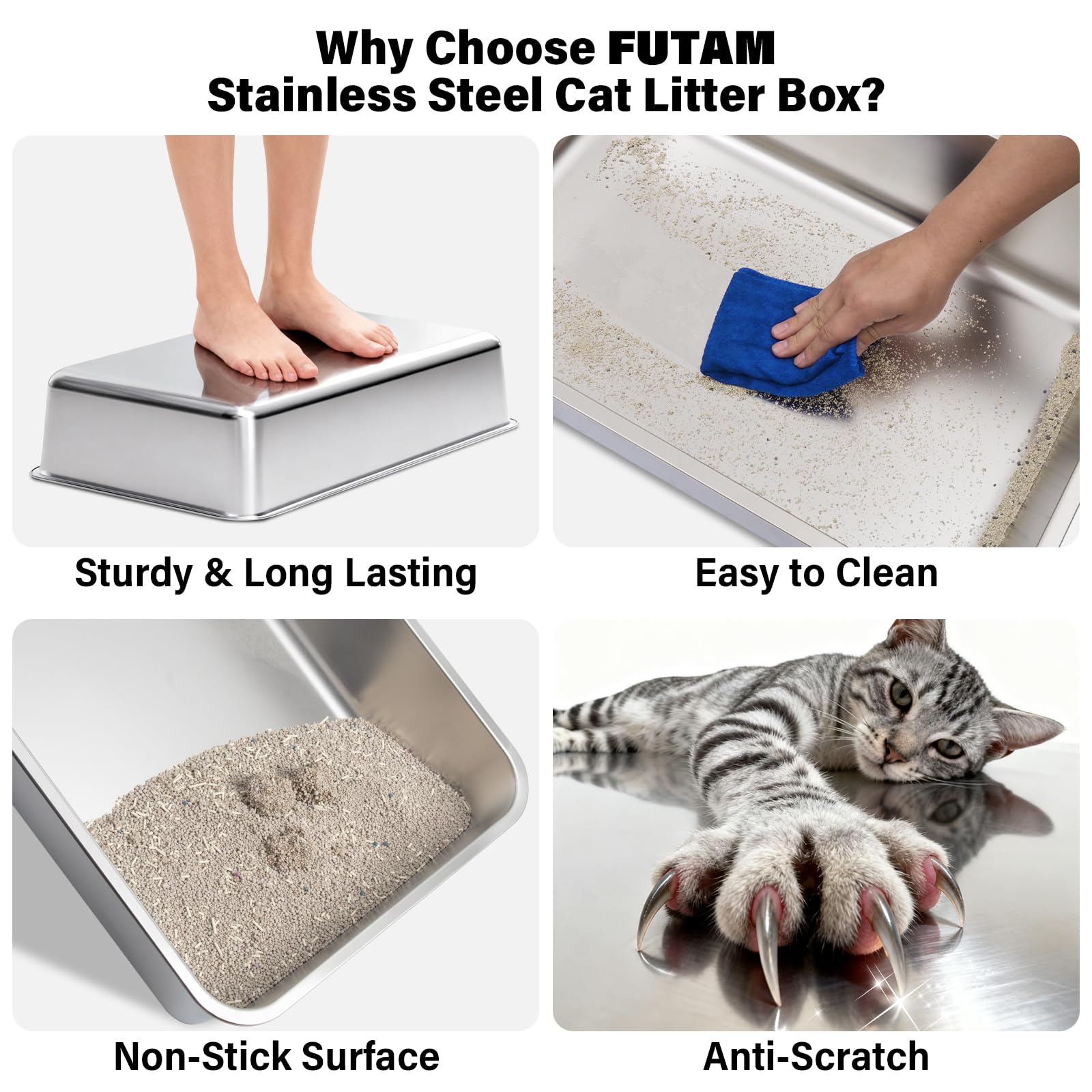 FUTAM Stainless Steel Litter Box, XL Metal Litter Box with Lid
