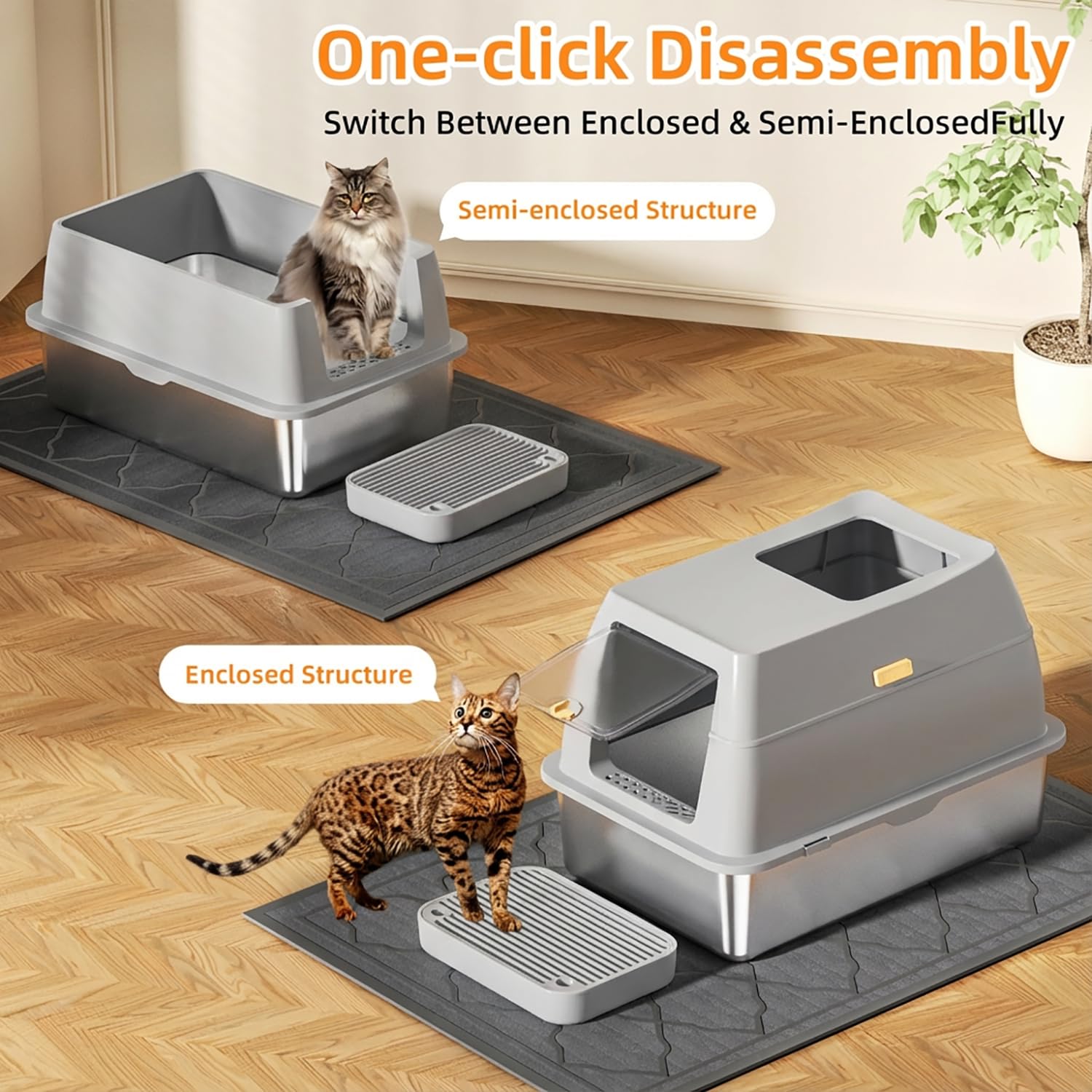 Stainless Steel Litter Box with Lid,Front Entry Top Exit Kitty LitterBox,Extra Large Enclosed Metal Cat Box with Litter Scoop & Litter Mat-Light Gray