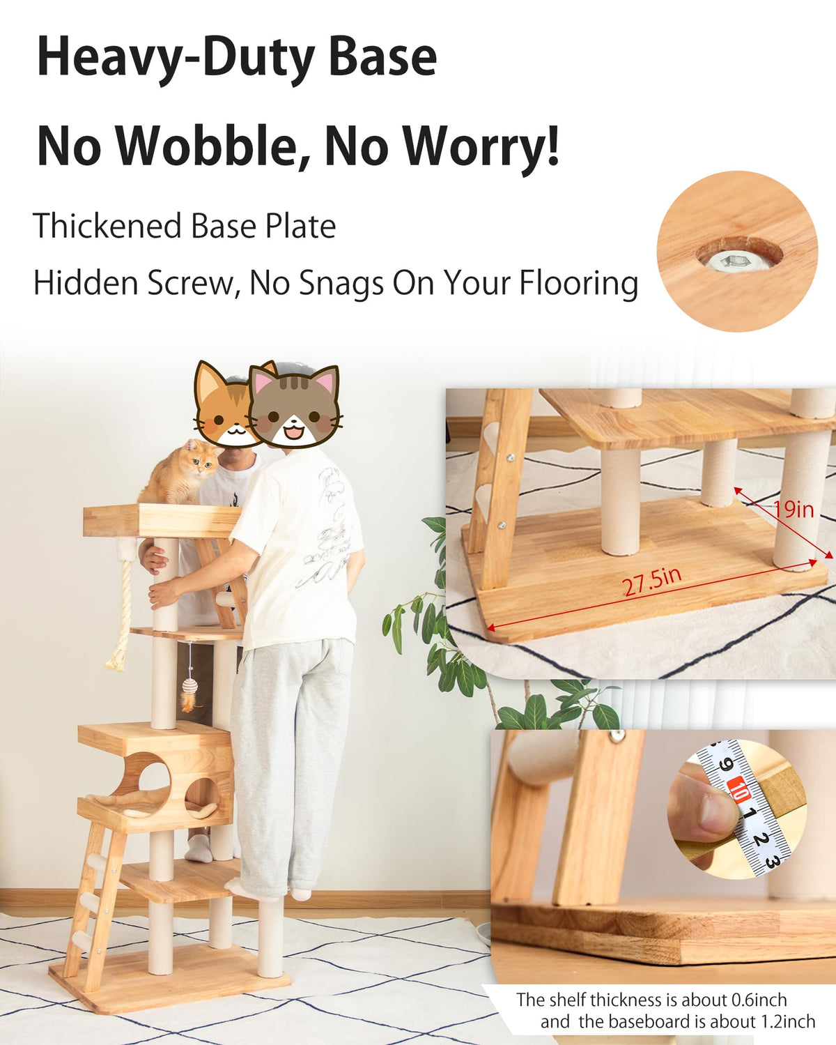 PETTIFUL 61.8" Wood Cat Tree Tower for Large Cats, Acrylic Bowl & Ladder