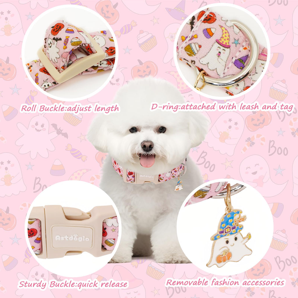 Astdogio Halloween Dog Collar, Fall Dog Collars for Large Dogs, Cute Pink Puppy Collar with Adorable Ghost & Pumpkin Design, Soft Cotton Large Dog Collars Girl Boy Dog Collar-L