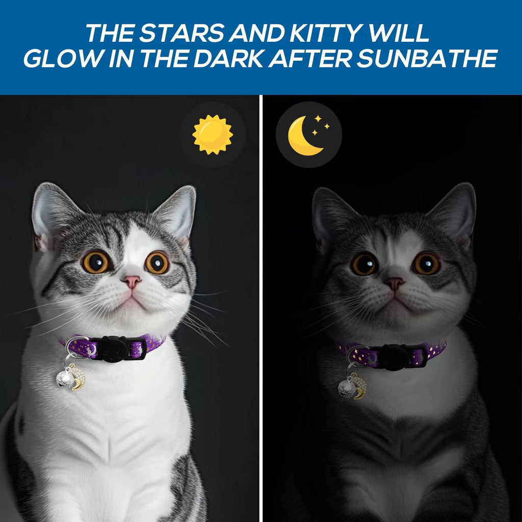 LAFAYI 4 PCS Breakaway Cat Collars with Bell Moons Stars,Kitten Collar and Adjustable with Pendant Glow,Cute Kitty Collar for Girl Boy Cats,Pet Gifts,Accessories(4 Colors)