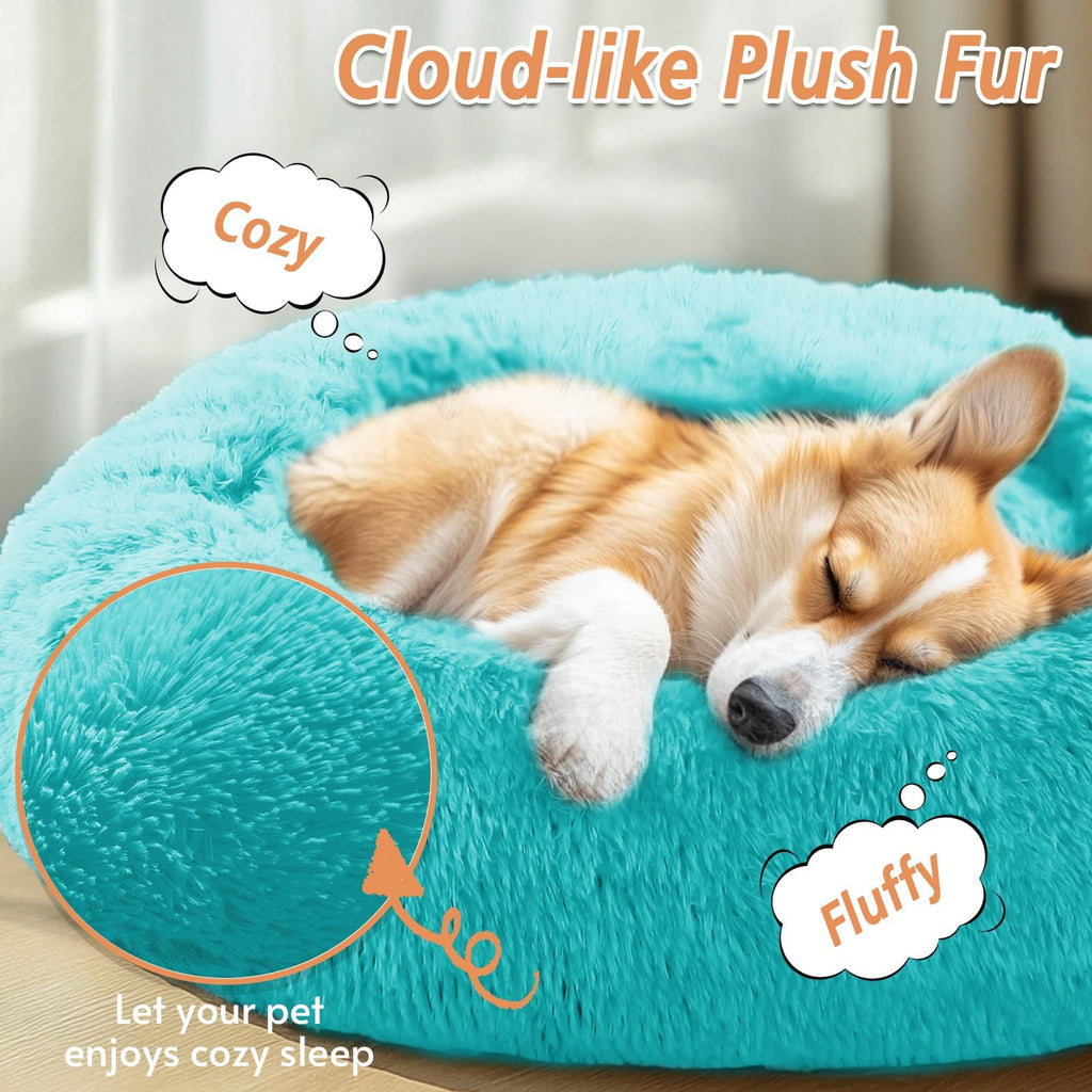JOLLYVOGUE Calming Small Dog & Cat Bed for Indoor Cats - 20 inches Washable Donut Bed for Kittens & Puppies, Anti-Anxiety Round Fluffy Plush Pet Beds (Fits up to 15 lbs, Aqua Blue)