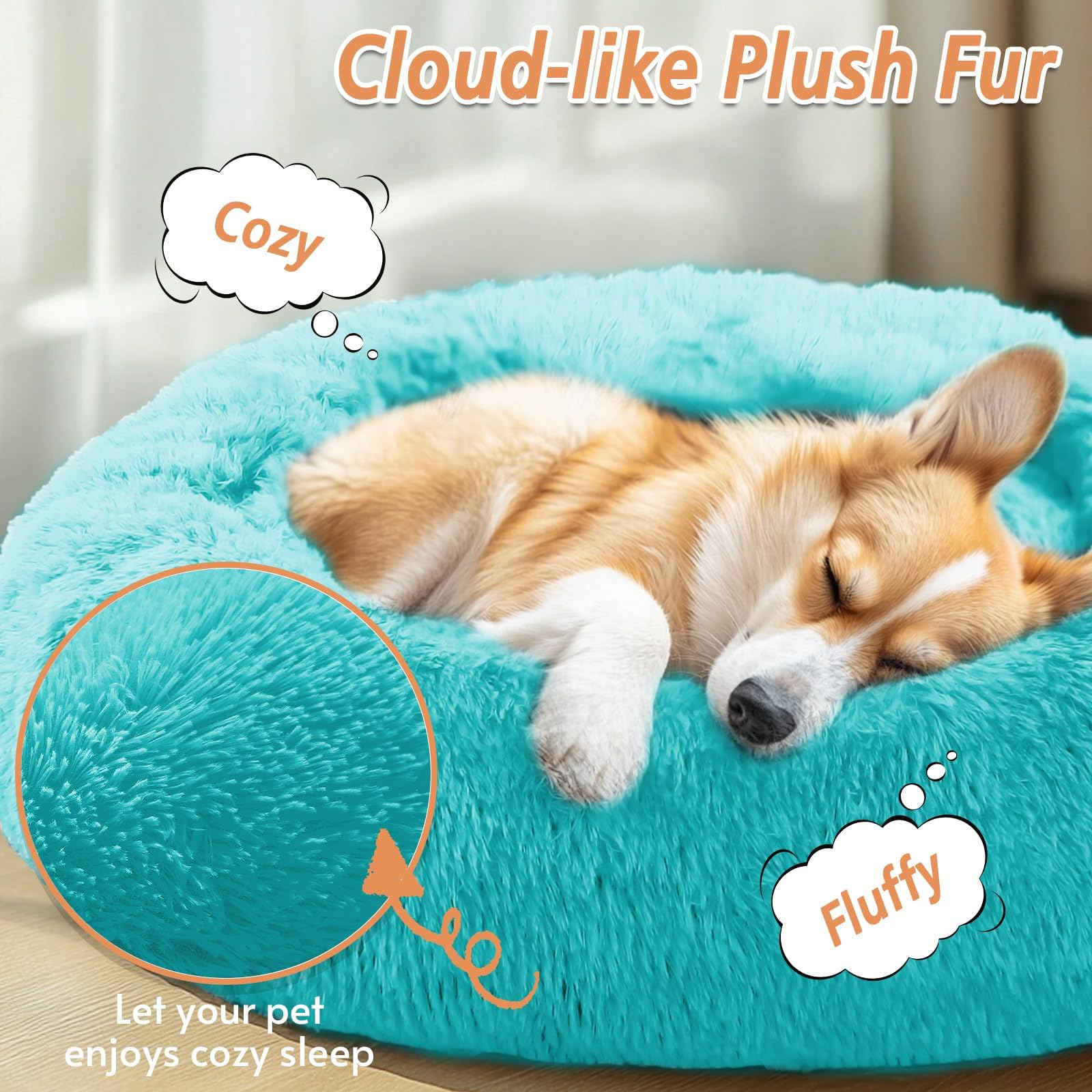JOLLYVOGUE Calming Small Dog & Cat Bed for Indoor Cats - 20 inches Washable Donut Bed for Kittens & Puppies, Anti-Anxiety Round Fluffy Plush Pet Beds (Fits up to 15 lbs, Aqua Blue)