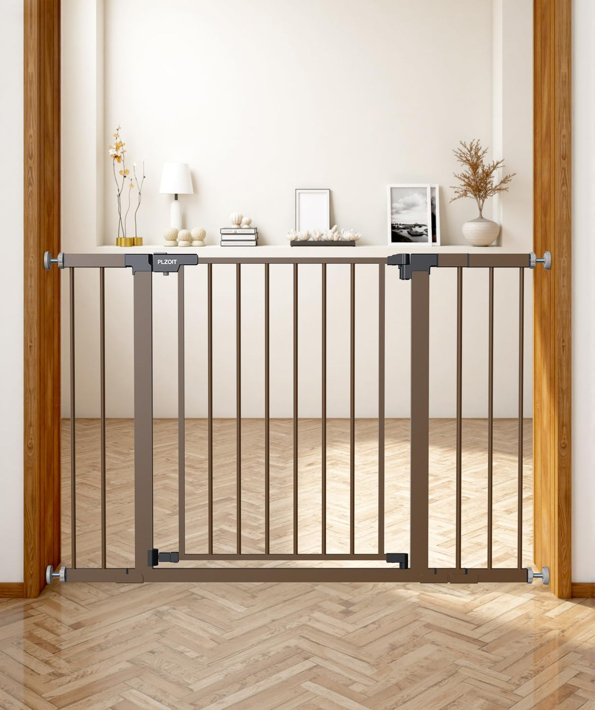 29.5-40.5" Baby Gate for Stairs, Dog Gate for Doorways, Walk Thru Auto Close Metal Baby Safety Gate for The House, Stairs and Doorways, Child Gate Pressure Mounted, Pet Gate for Dog Indoor - Brown