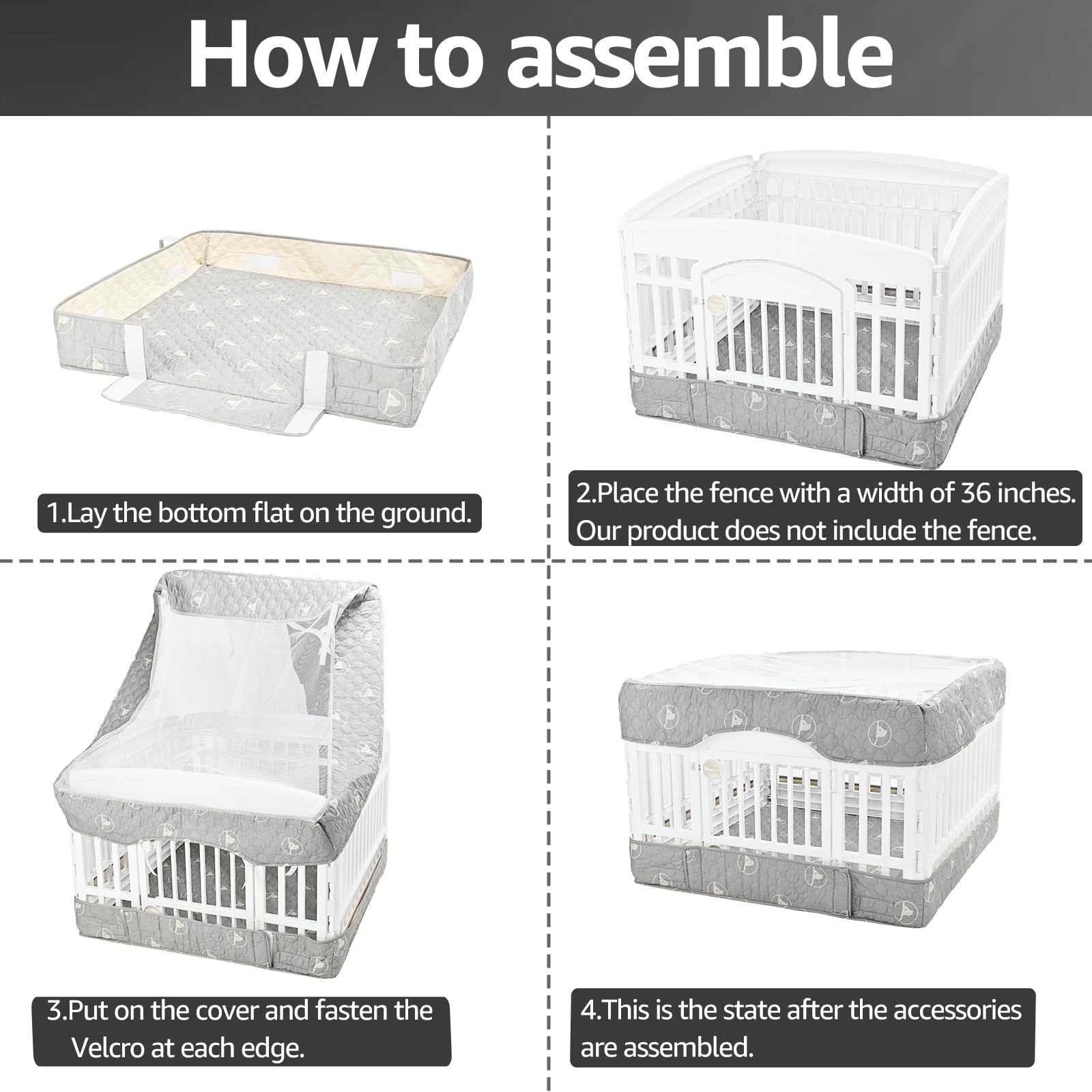 PJYuCien Playpen Cover and Bottom Pad for 36'' Width 4 Panel Pen, Gray