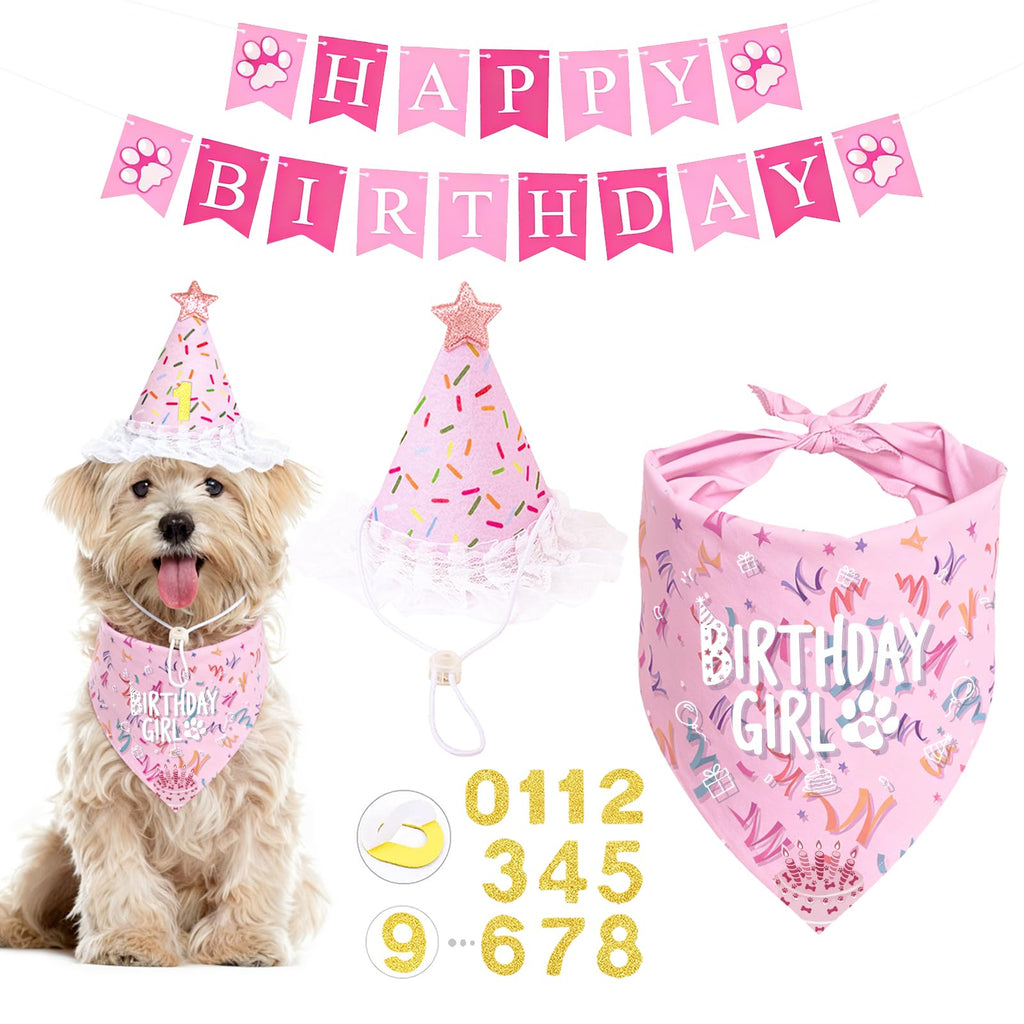 Dog Birthday Party Decorations, Adjustable Dog Bandana Set with Hat, Numbers, Banner for Pet Party Supplies Festive Accessories Large Medium Small Pet Puppy Dogs, Pink