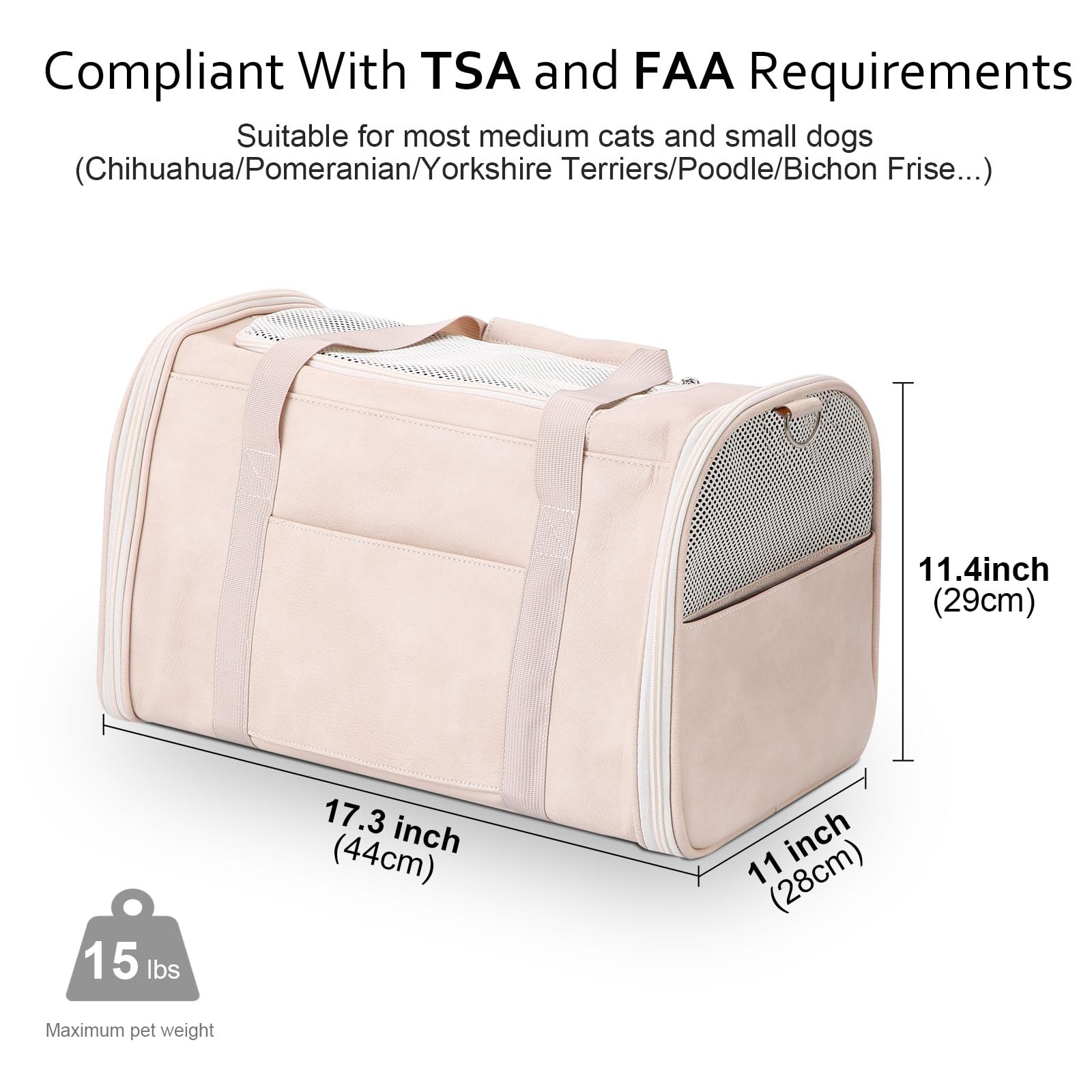 Lasaviin Fashion Leather Dog Carrier Cat Carrier Airline Approved Pet Carrier for Small Medium Dogs Cats Under 15Lbs, Collapsible Soft Sided Travel Puppy Carrier White