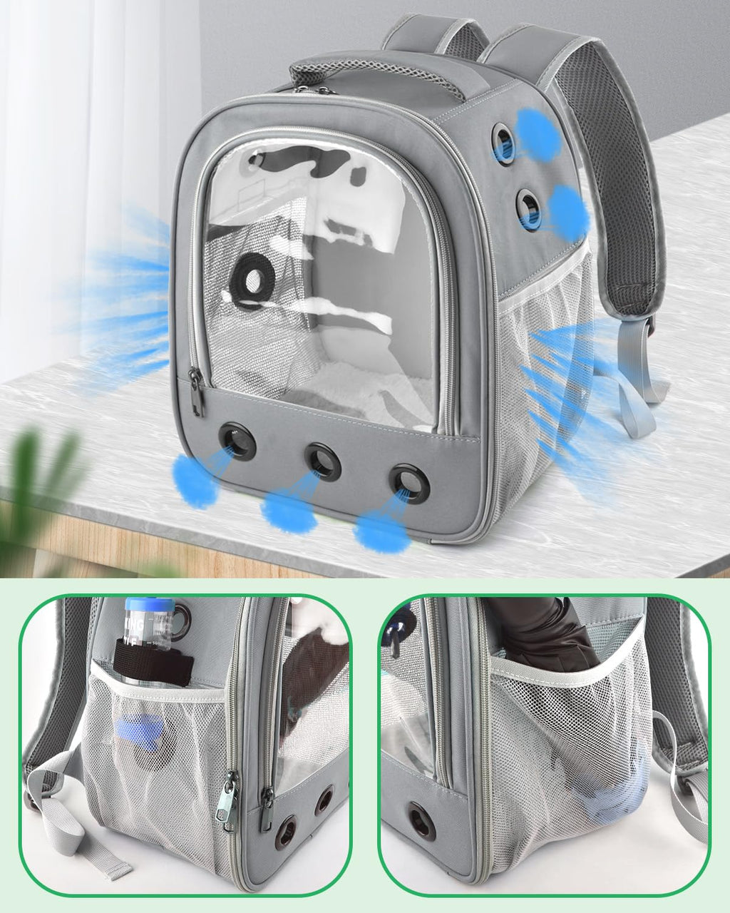 DBNESS Guinea Pig Carrier Backpack, Portable Rabbit Travel Carring Bag for Pet Bunny Chinchilla Bearded Dragon Hamster Parrot Outgoing Pouch Case with Water Bottle Holder & Detachable Pad (Light Gray)