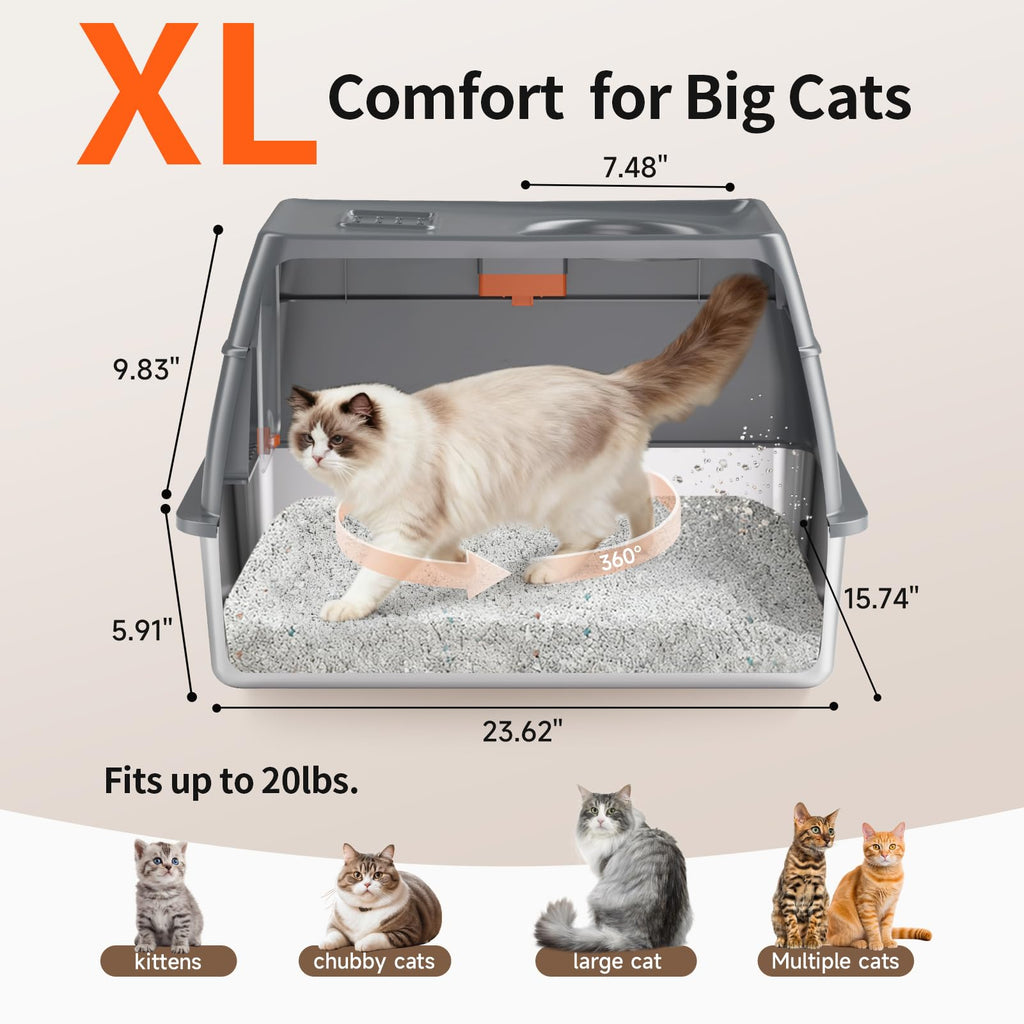 Tevila XL Enclosed Stainless Steel Litter Box with Lid, Dark Gray