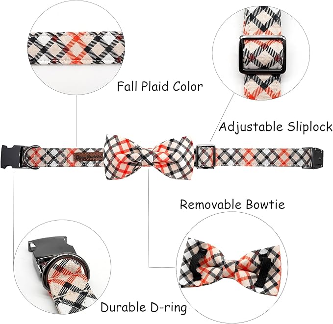 Bobo Rainbow Dog Collar, Bow Dog Collar Beige Plaid Pet Collar Cute Pet Bow Soft Girl or Boy Puppy Collars with Metal Buckle Adjustable Collars for X-Small Dogs