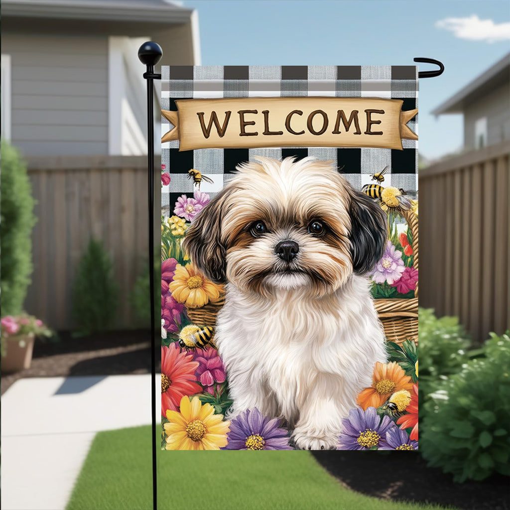 Starlit Patio Spring Summer Garden Flag Shih Tzu Dog Flag 12x18 Inch Double-Sided Cute Puppy Yard Banner Buffalo Plaid Floral Outdoor Decor for Porch Lawn Pathway Dog Lover Housewarming