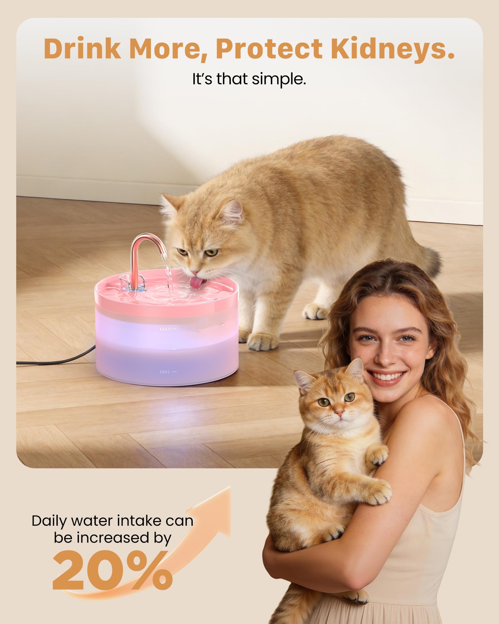 Cat Water Fountain Pink for Drinking: 67oz/2L Cat Fountain - GIOTOHUN Cute Pet Water Fountain for Cats Inside - Quiet Pet Fountain - Faucet Cat Drinking Fountain - Suitable for Kitty & Kitten
