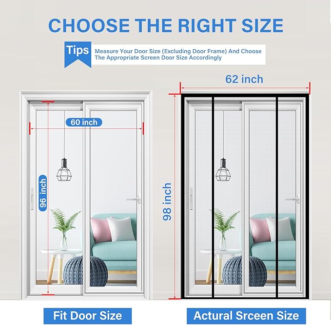 LONGEAS Magnetic Screen Door Upgraded PET Mesh Stronger Than Fiberglass and Polyester,Hands Free,Keeps Bugs Out,Pet & Kid Friendly,Suitable for Sliding Door,Large Patio Door and French Door-60''x96''