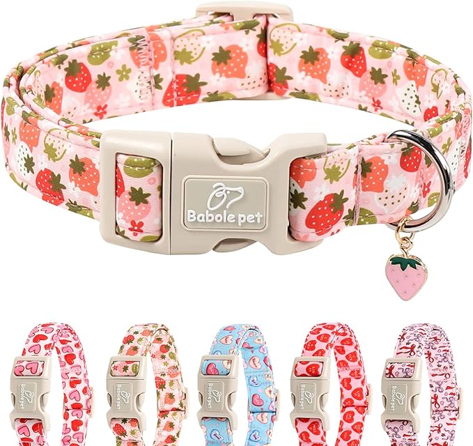 Babole Pet Strawberry Dog Collar for Small Dogs - Cute Spring Pink Dog Collars, Summer Pastel Puppy Collars, Soft Adjustable Boy Girl Dogs Collar with Quick-Release Buckle XS
